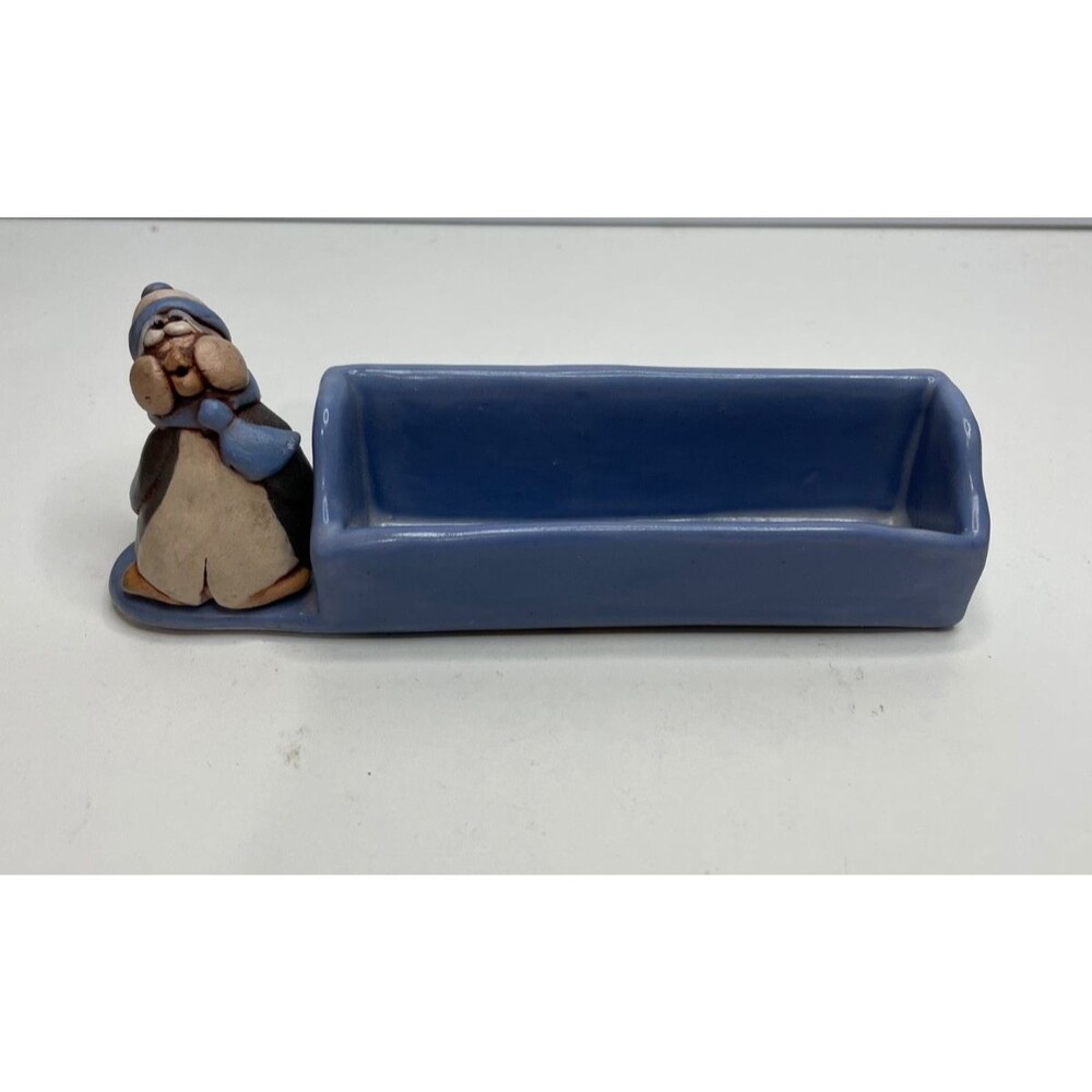 rare Signed Art Pottery penguin Business Card Holder blue